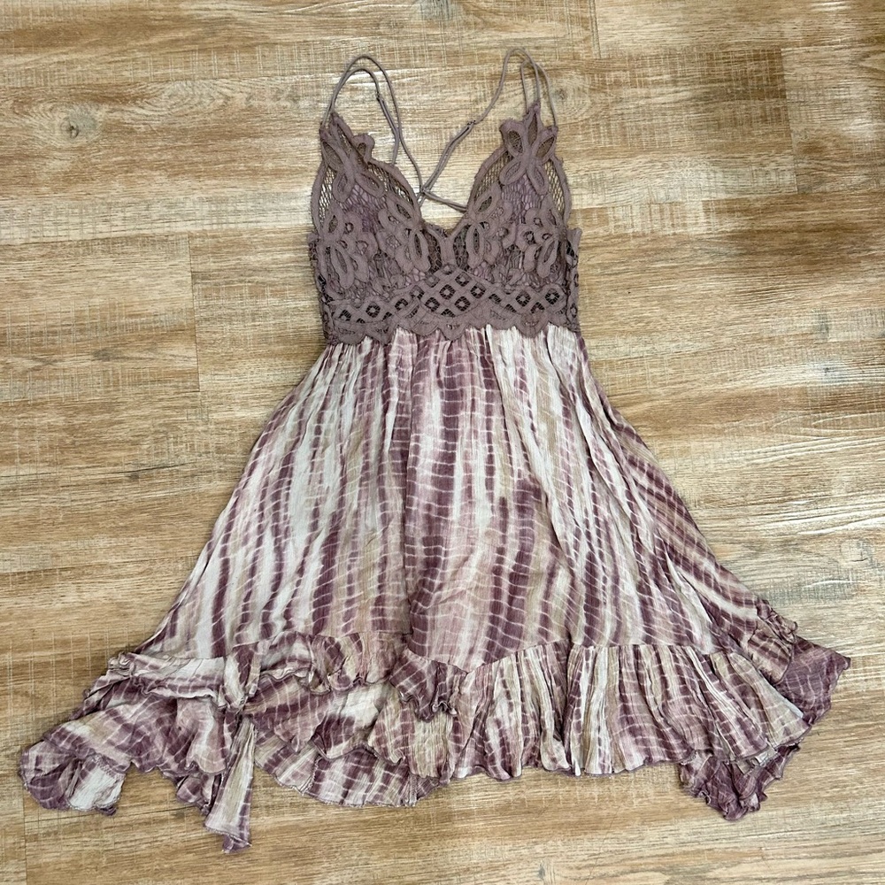 Free People Tie Dye Lace Ruffle Tiered 'Adella' Strappy Slip Mini Dress - Small